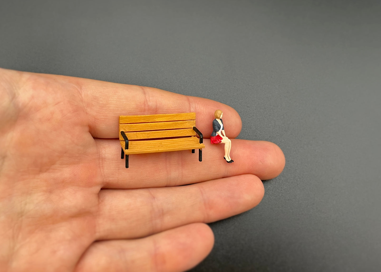 Selfie Girl, Woman Sat on Bench, Golf Player. 1:64 Scale. Miniature People