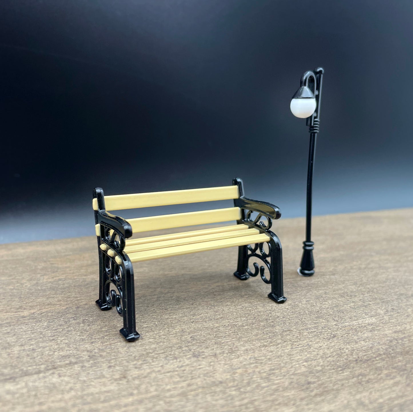 Miniature Lamp Post and Black Bench Metal and Wood Dollhouse Accessory 1:24 Scale