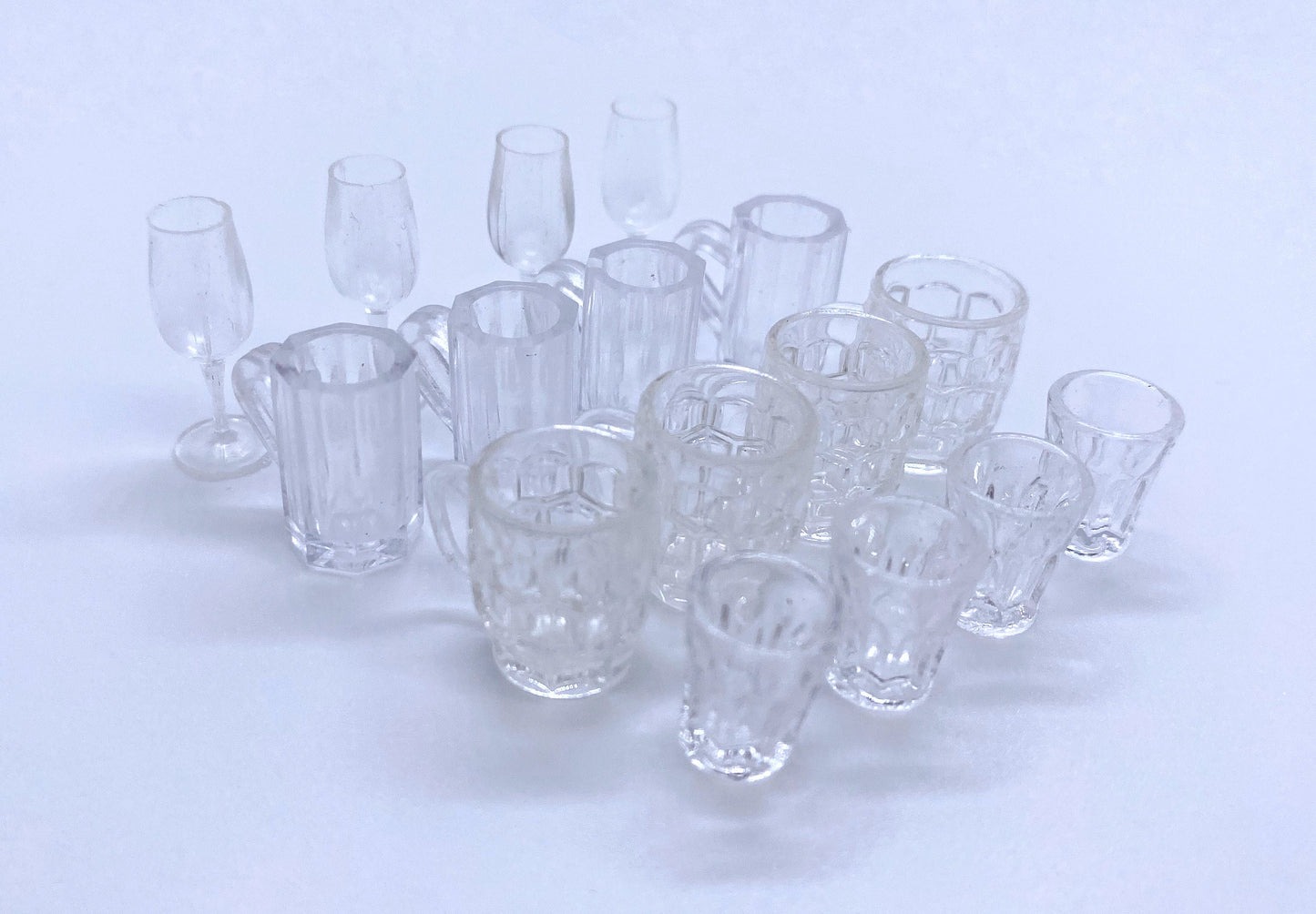 1:12 Scale Miniature Drinking Glasses (16 Pieces). Handmade Dollhouse Kitchen Accessories