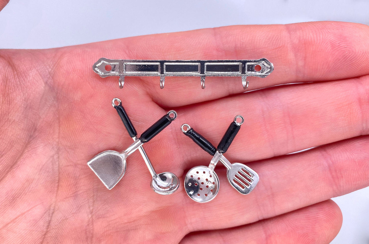 Miniature Silver Utensils Spatula Ladle Slotted Spoon Wall Rack Set. Dollhouse Kitchen Accessories. 1:12 Scale