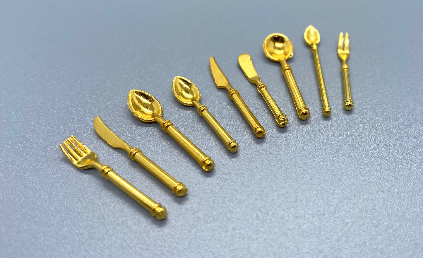 Miniature Gold Cutlery 9 Piece Set 1:12 Scale Dollhouse Kitchen Prop