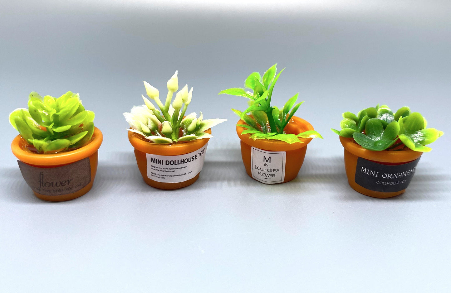 Miniature Plants in Ceramic Pots. Cute Green Flowers and Leaves. Dollhouse Accessories 1:12 Scale