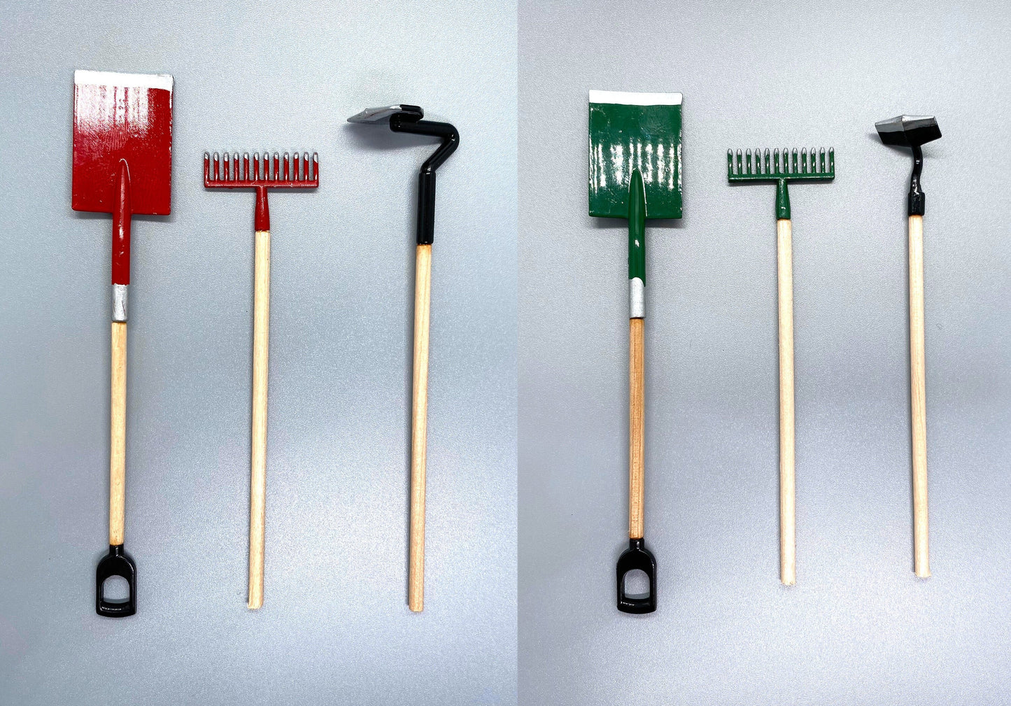 Miniature Rake and Spade Set Red or Green Garden Dollhouse Accessories 1:12 Scale