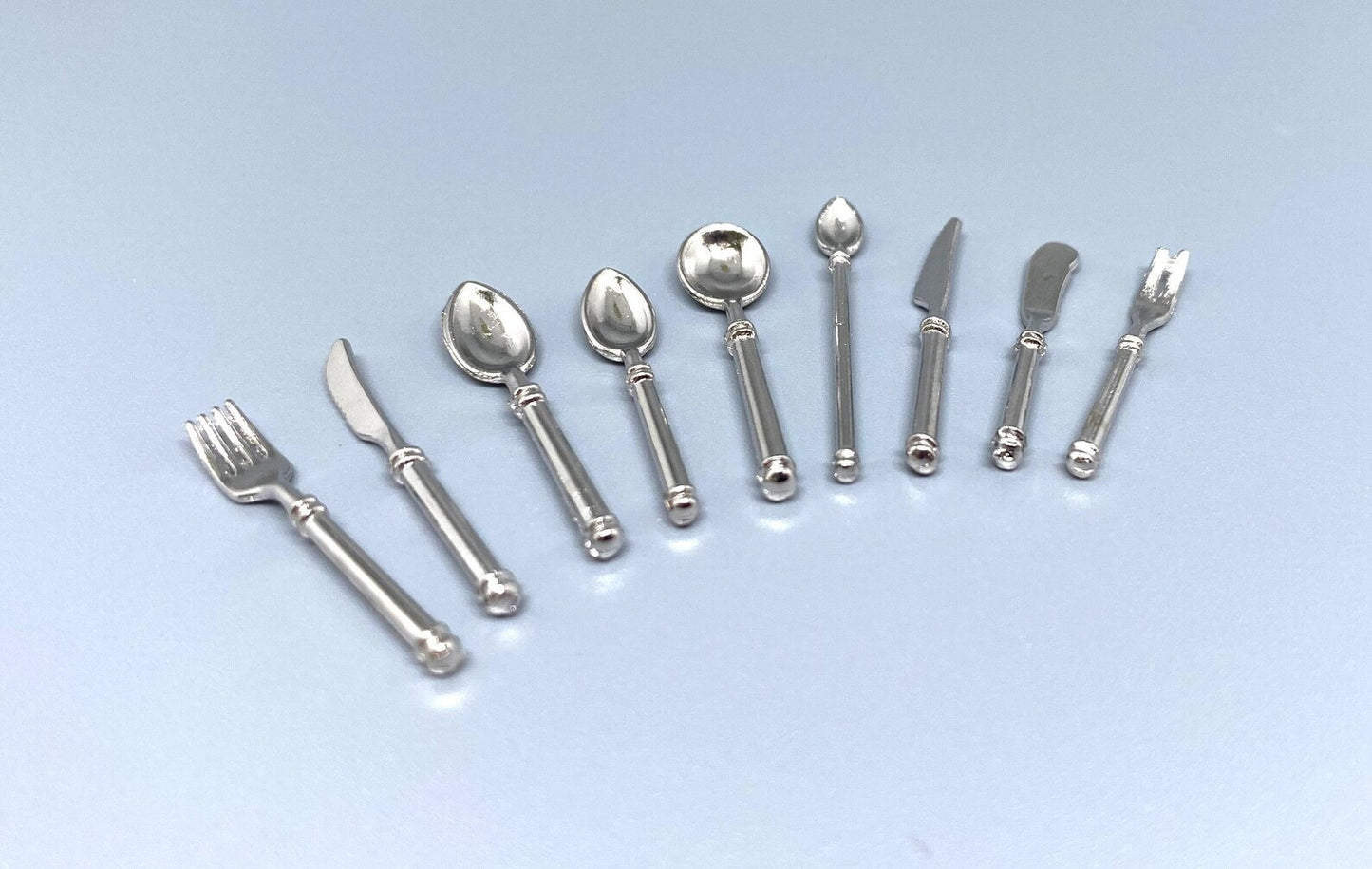 Miniature Cutlery. Silver or Gold. 9 Piece Set. Dollhouse Kitchen Accessories Scale 1:12