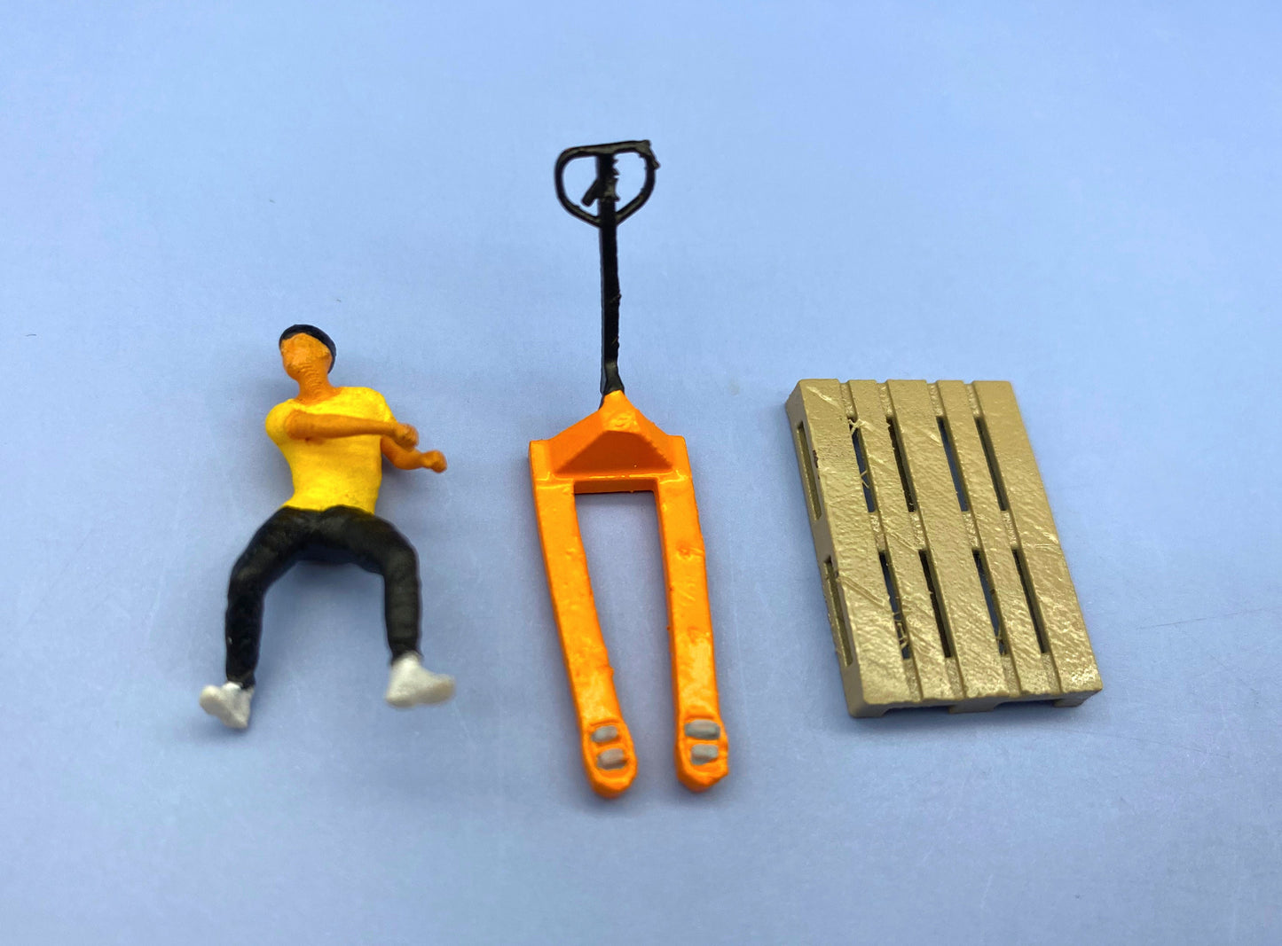 Miniature Worker With Pallet and Truck Figures. Warehouse Fork Trolley. 1:64 Scale