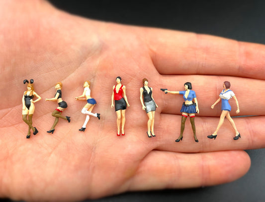 7 Female Figures. Human Miniatures. 1:64 S Scale. Bunny, Skirts, Gun. Girls Women