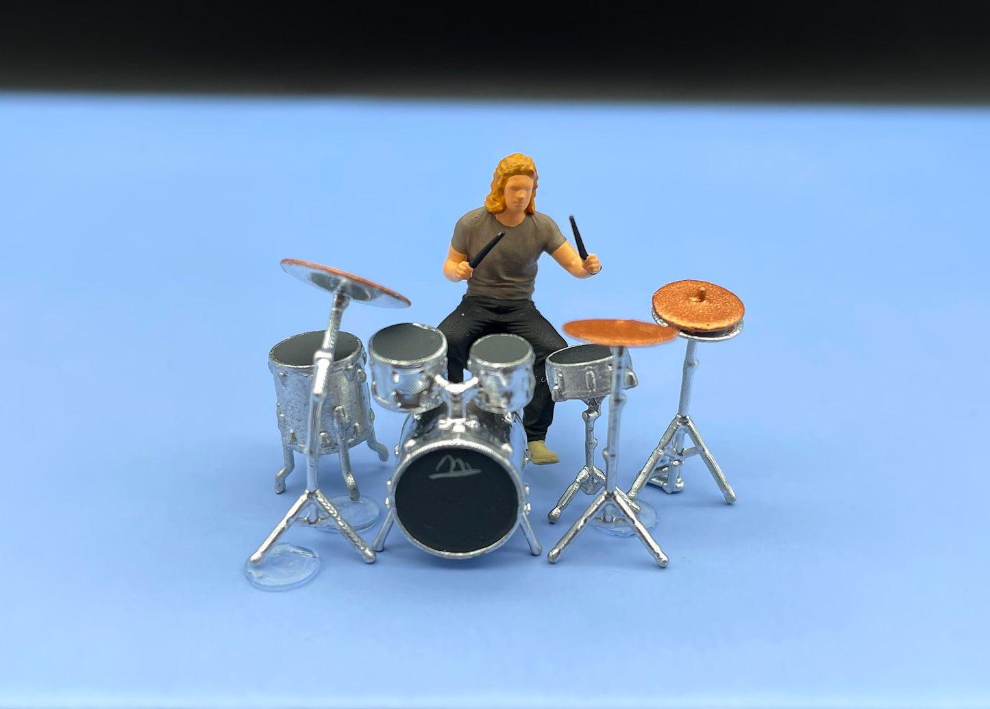 Miniature Drummer and Drum Kit. 8 Pieces. 1:64 Scale Model Figure