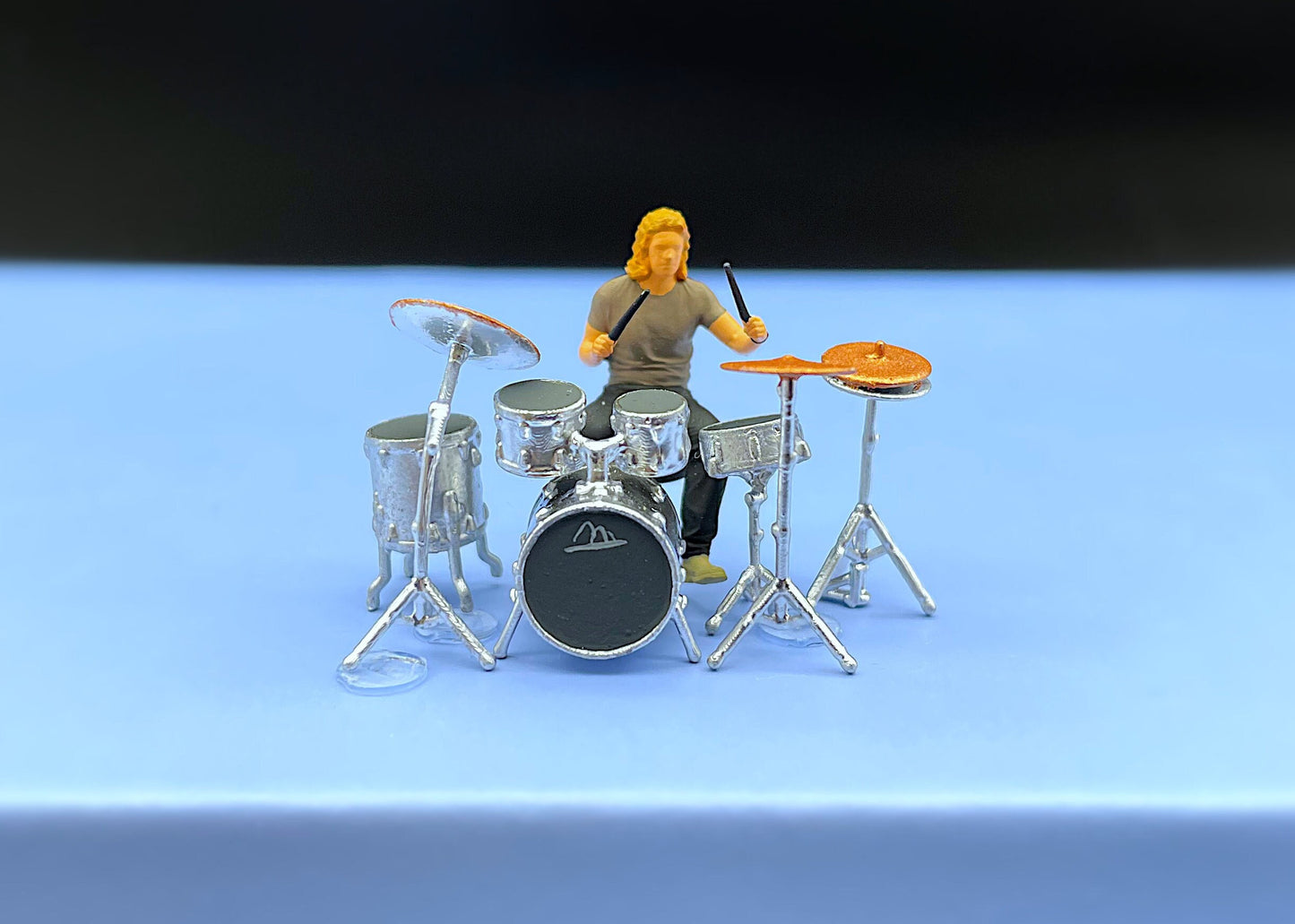 Miniature Drummer and Drum Kit. 8 Pieces. 1:64 Scale Model Figure
