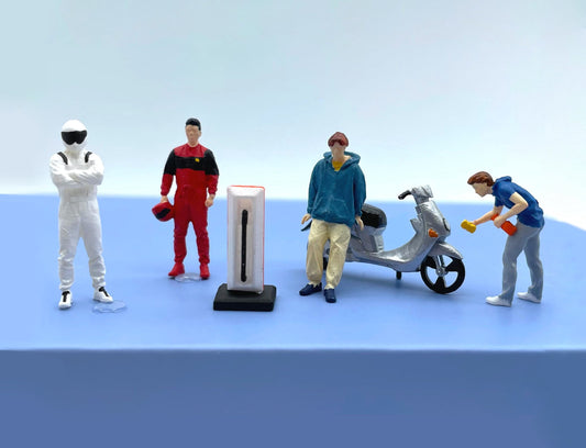 Miniature Human Racer Figures. The Stig. Car Washing Boy. F1 Racer. Tesla Charging Station. 1:64 Scale. For Mini Racing Cars