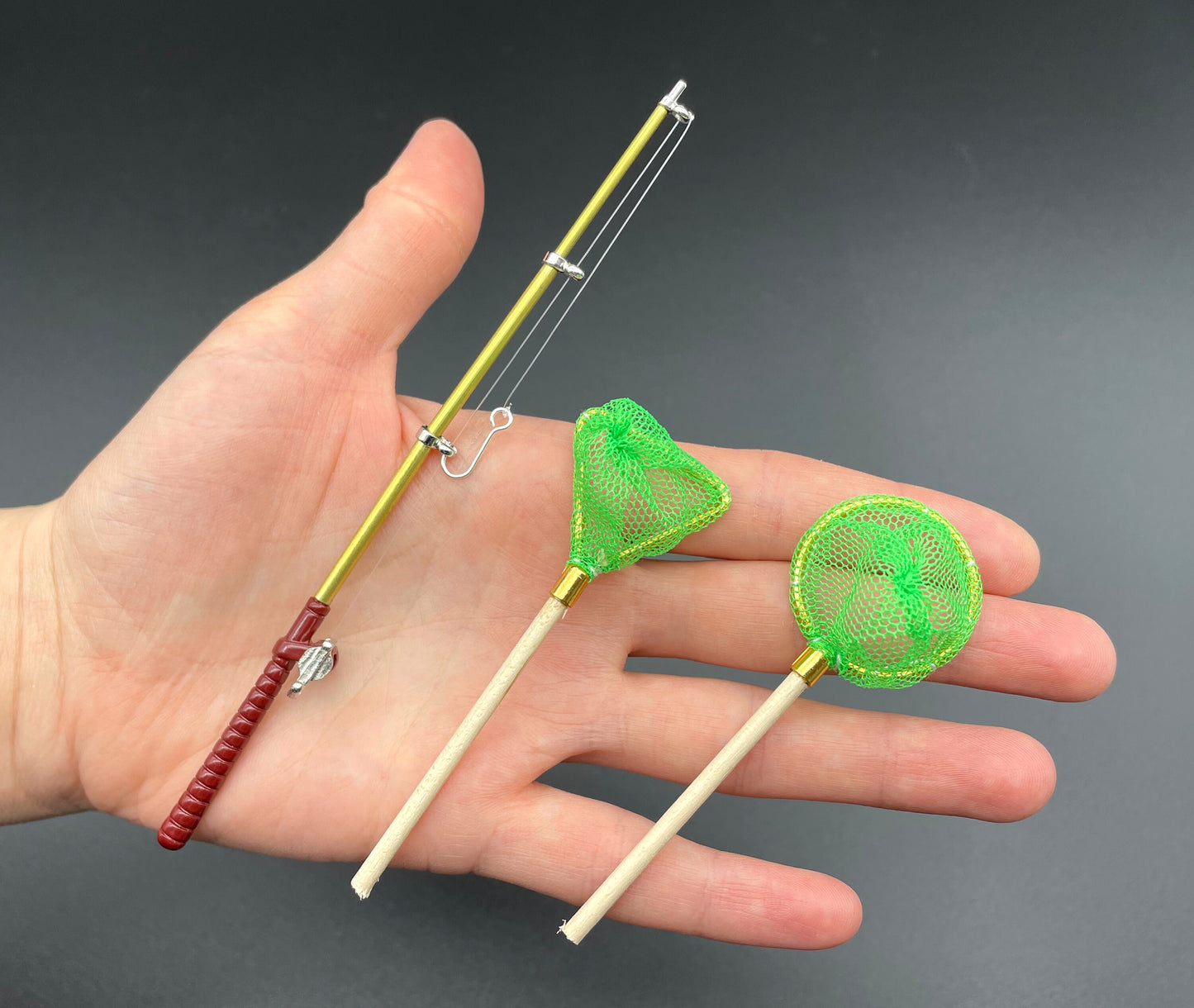 Miniature Fishing Rods and Nets. Blue or Green. 1:12 Scale