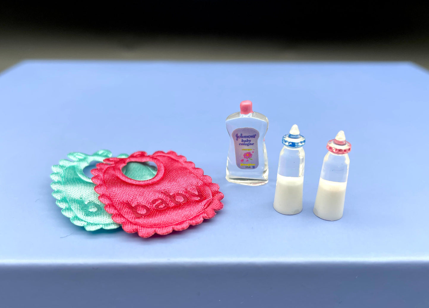 Miniature Baby Set. Baby Oil, Bottle and Bib. Dollhouse Accessories Decoration 1:12 1/6 Scale