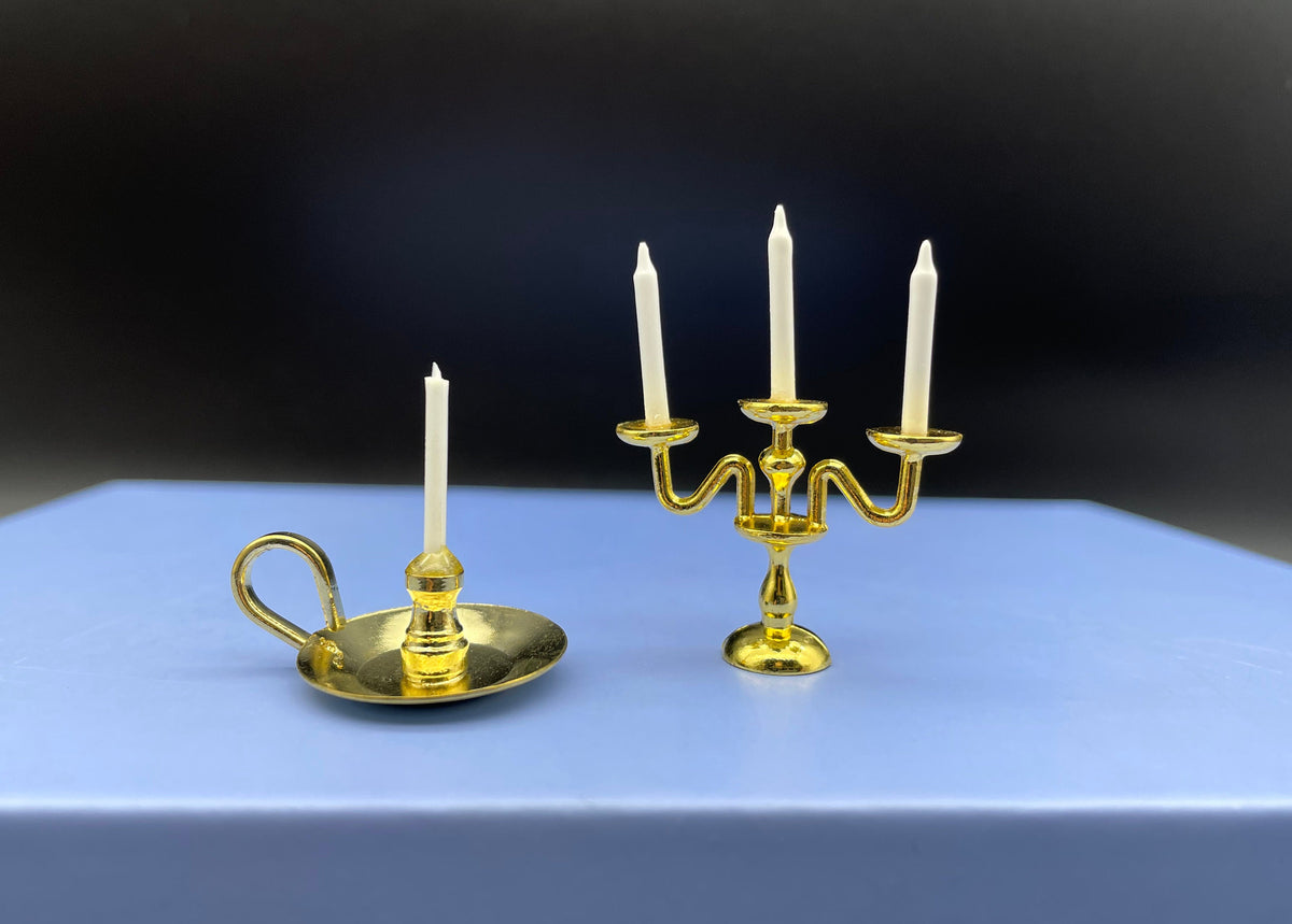 Miniature Gold 3 or 1 Candle Holder Candelabra Dollhouse Accessory 1:12 Scale