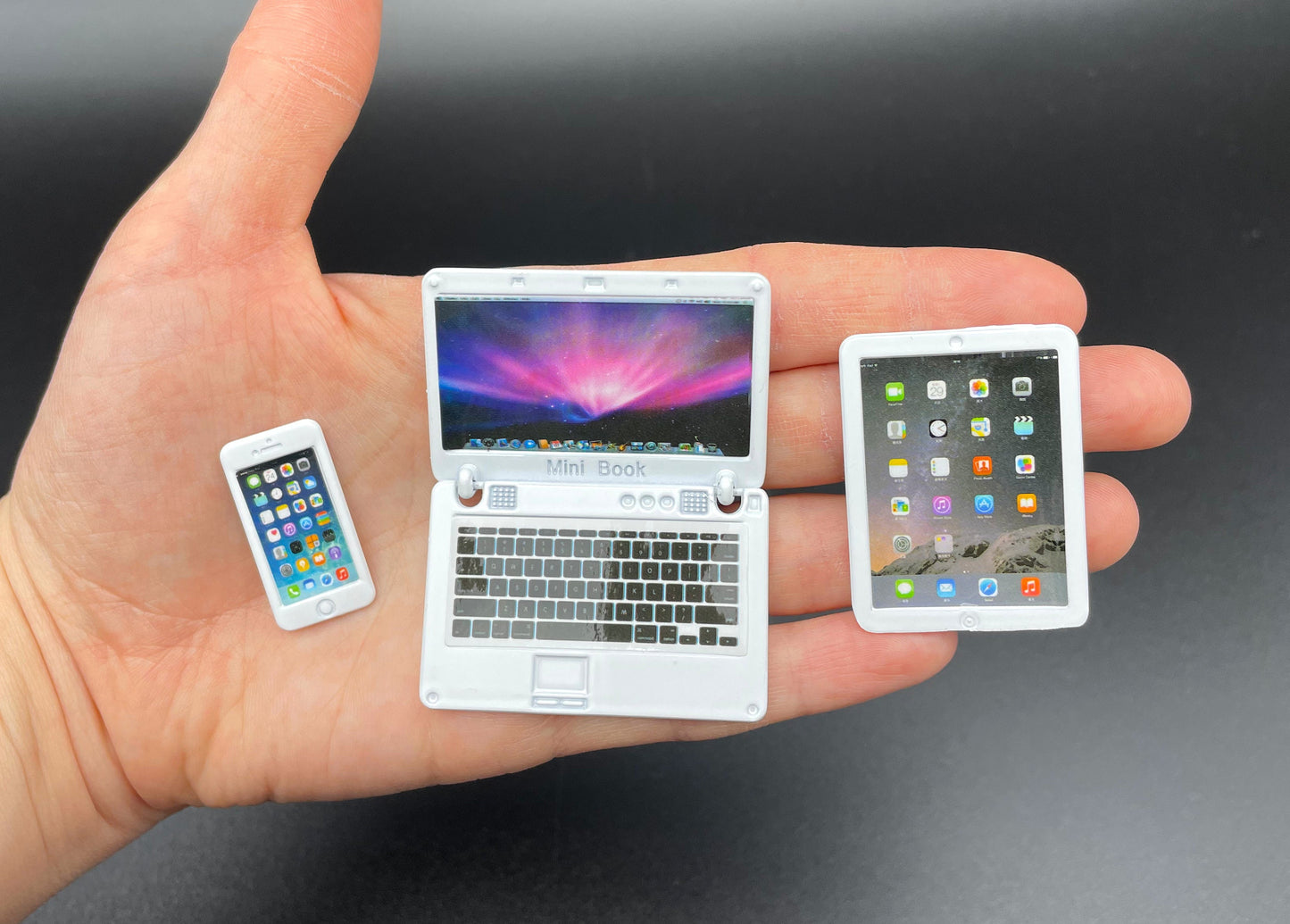 Miniature Laptop Set. Computer Mobile Phone Tablet. Dollhouse Accessories. Scale 1:6