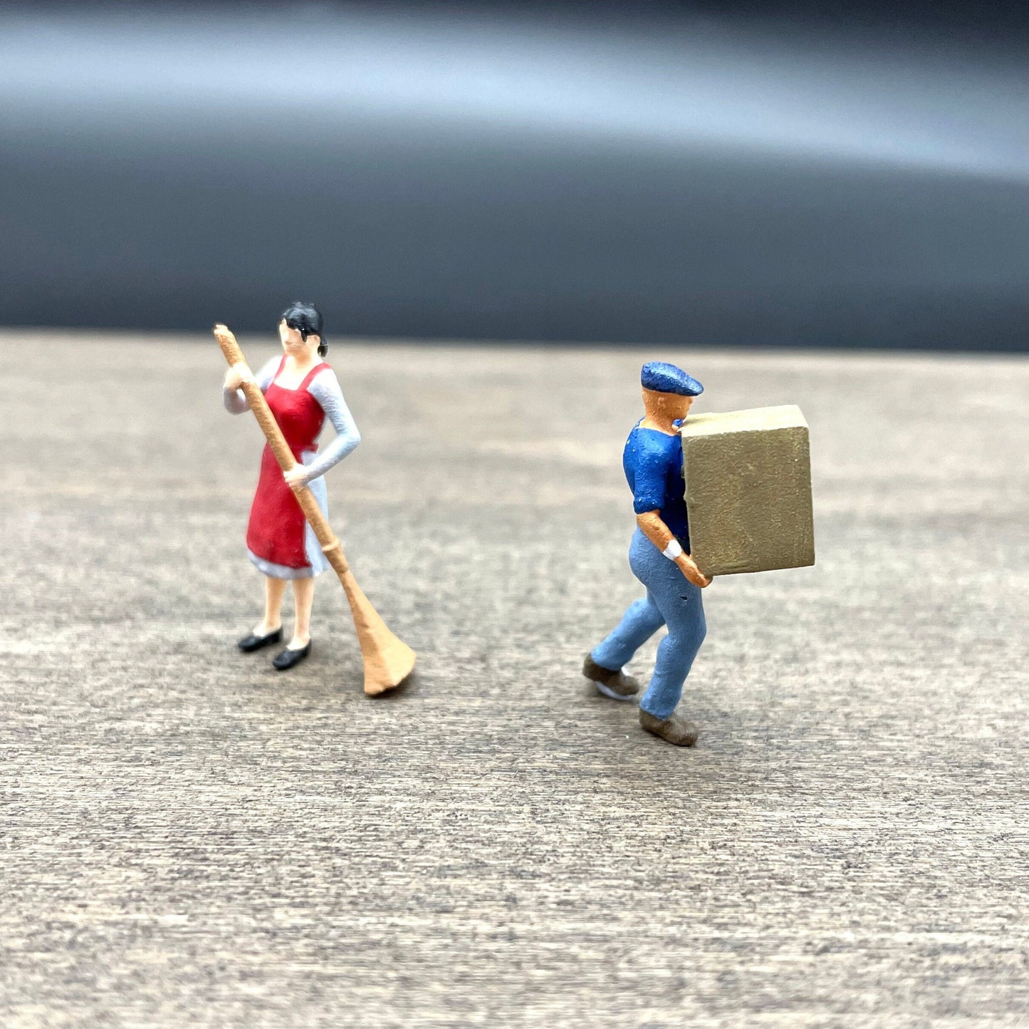Woman Cleaning and Man Carrying Box Miniature Human Figures 1:64 Scale