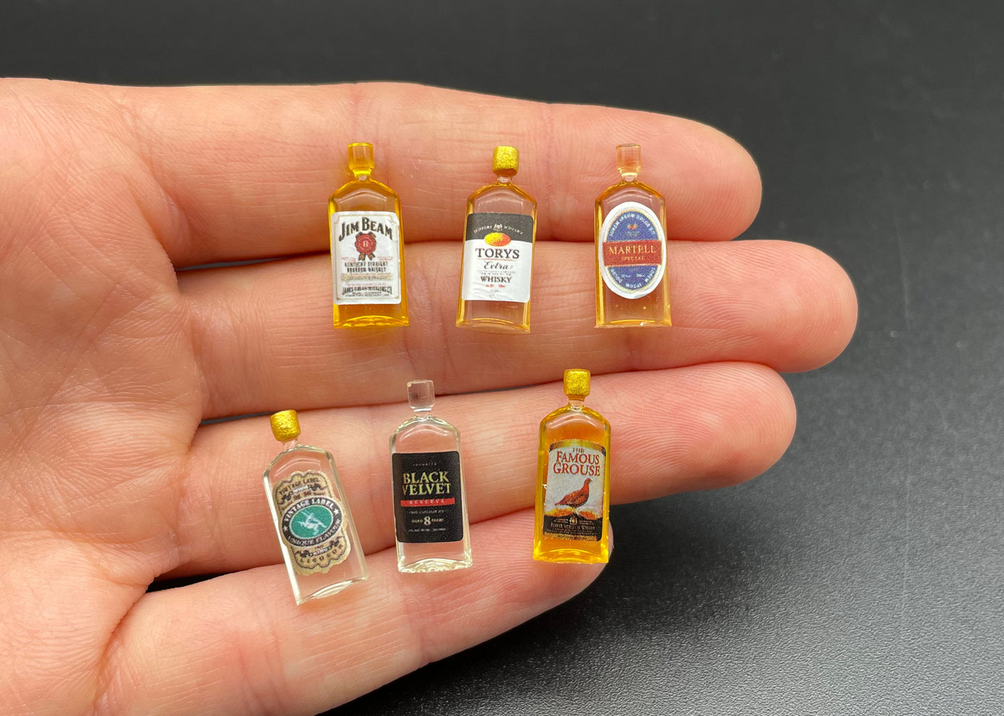 6 Miniature Whiskey Bottles Dollhouse Kitchen Accessories 1:24 Scale