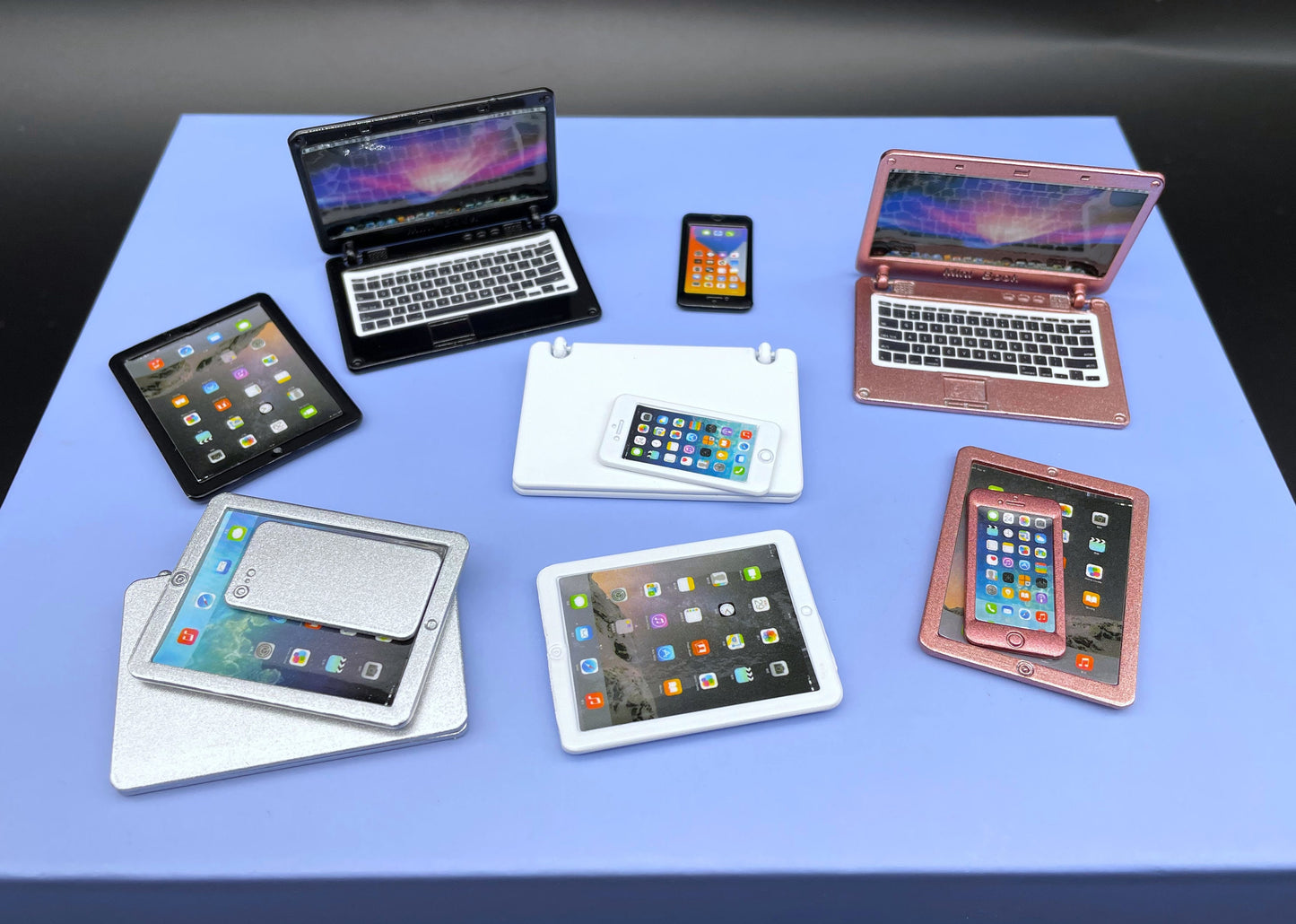 Miniature Laptop Set. Computer Mobile Phone Tablet. Dollhouse Accessories. Scale 1:6