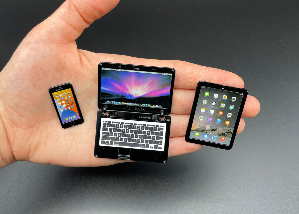 Miniature Laptop Set Computer Mobile Phone Tablet Dollhouse Accessories Scale 1:6