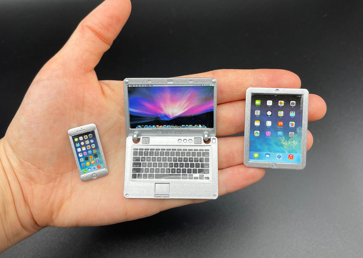 Miniature Laptop Set Computer Mobile Phone Tablet Dollhouse Accessories Scale 1:6