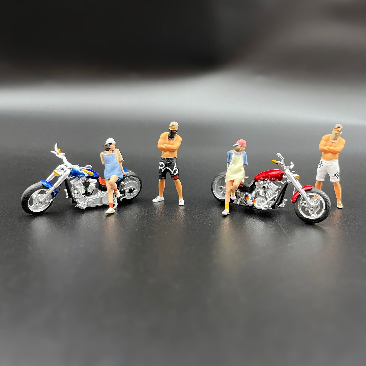 Cruiser Motorbikes with Human Figures. Girl and Guy. Miniature. 1:64 Scale