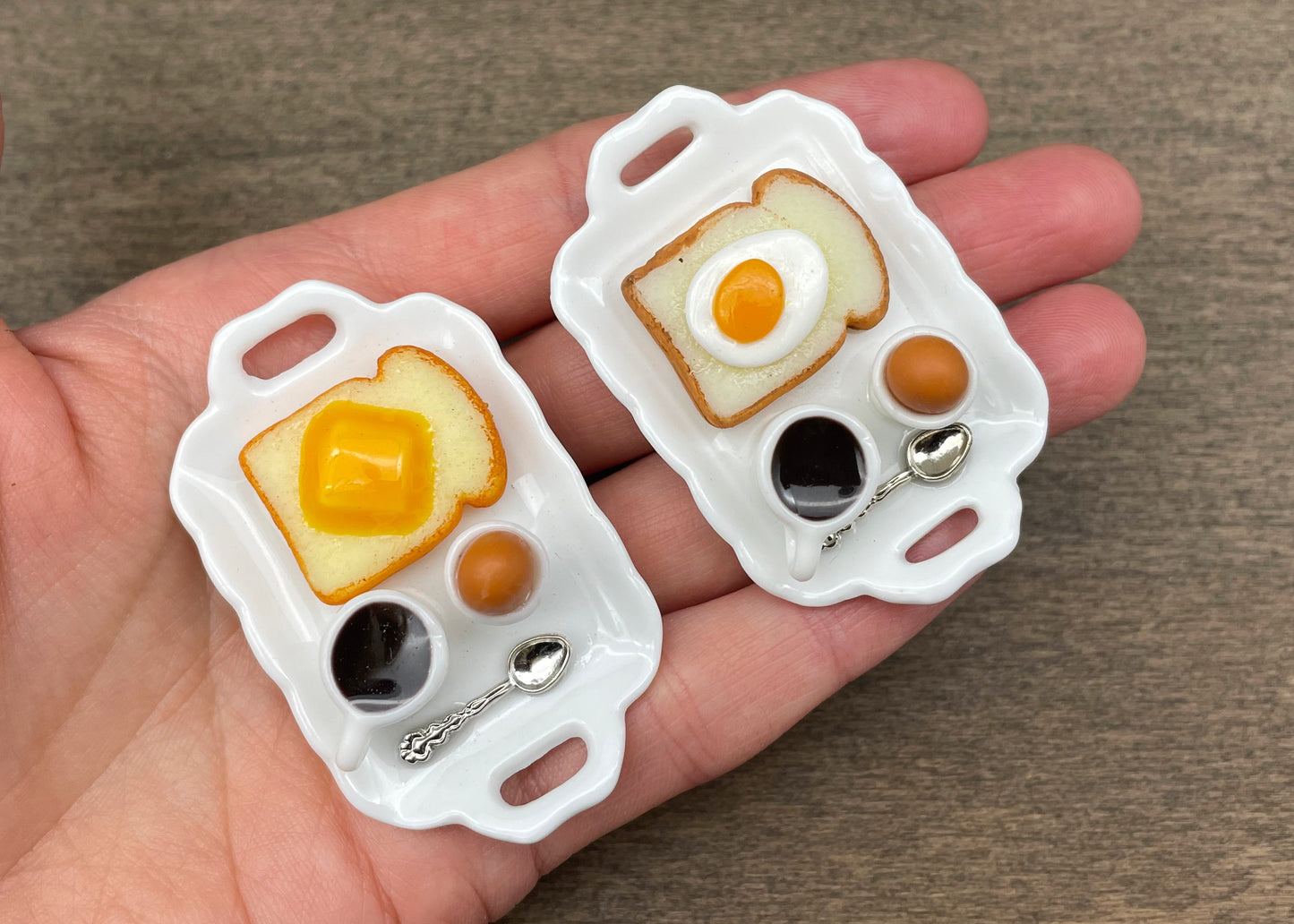 Miniature Breakfast Trays. Set of 2. Egg, Bread, Coffee, Food. 1:12 or 1/6 scale