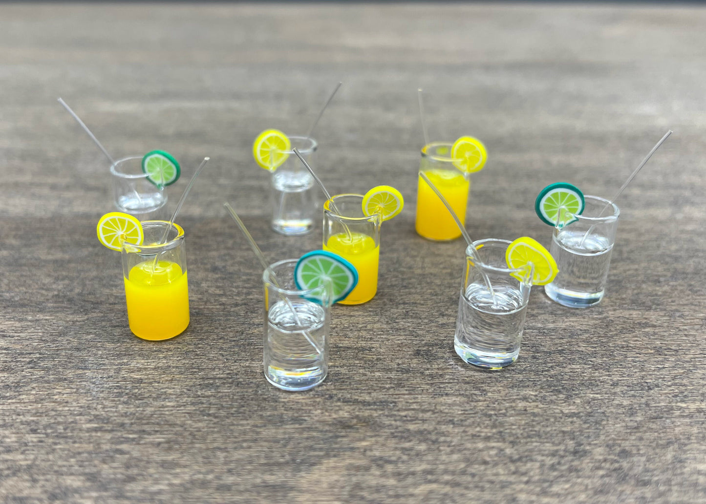 Miniature Orange Juice and Water and Gin & Tonic Glasses. 3 Glasses Set. Drinks with Straws and Lemon / Lime slices. 1:12 Scale