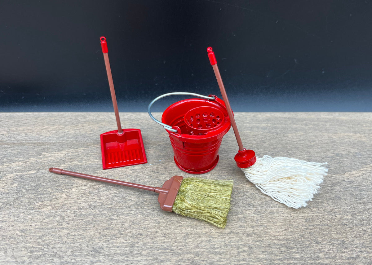 Miniature Mop and Bucket Dollhouse Accessories 1:12 Scale Cleaning Set