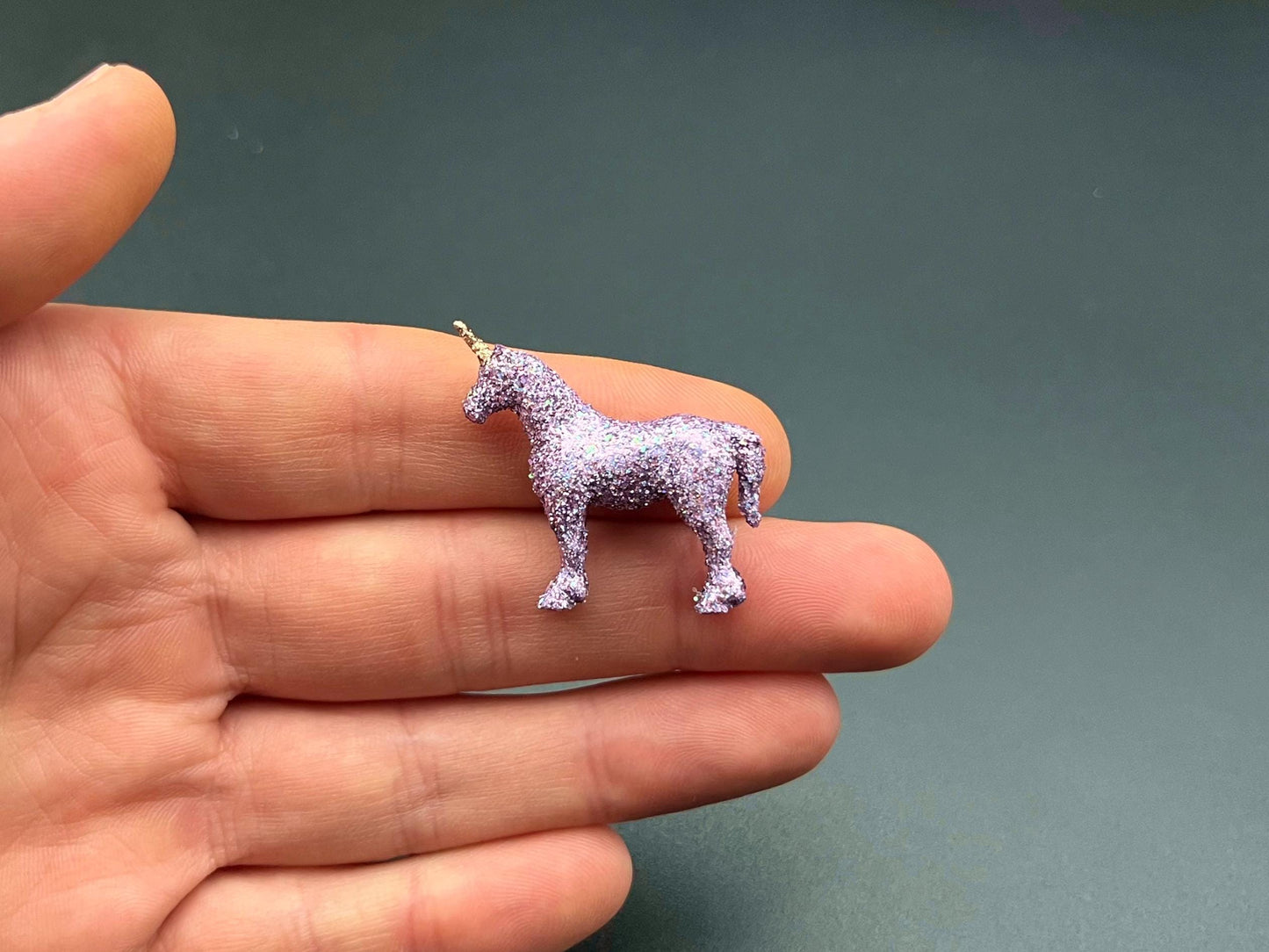 Mini Unicorn. Purple Glitter, Gold Horn. 1:64 Scale