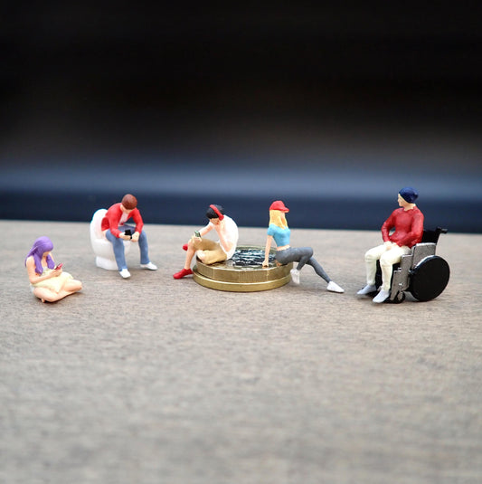 People Sat Down. Toilet, Wheelchair, Looking at Phones. Miniature 1:64 Scale Figures