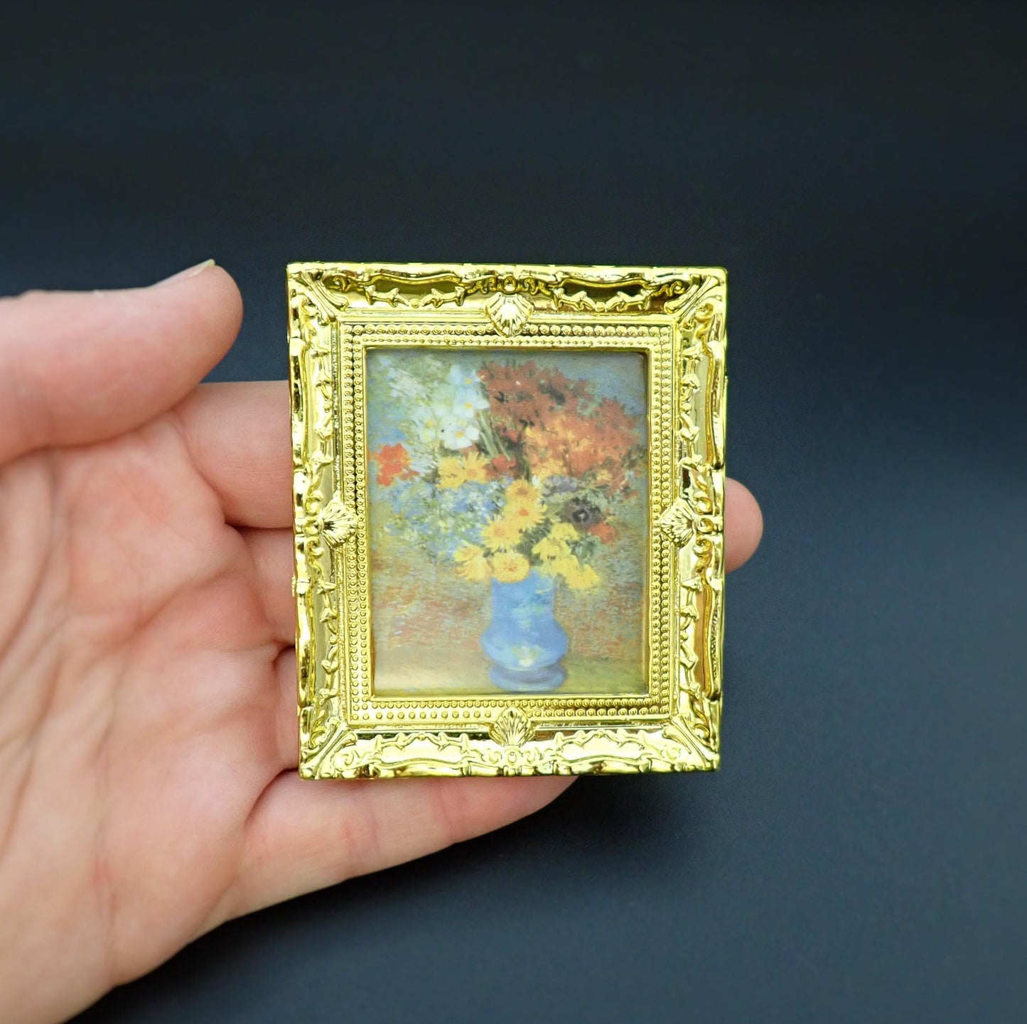 Miniature Paintings in Ornate Gold Frames. 1:12 Scale Miniature Accessories. 'Sunflowers'