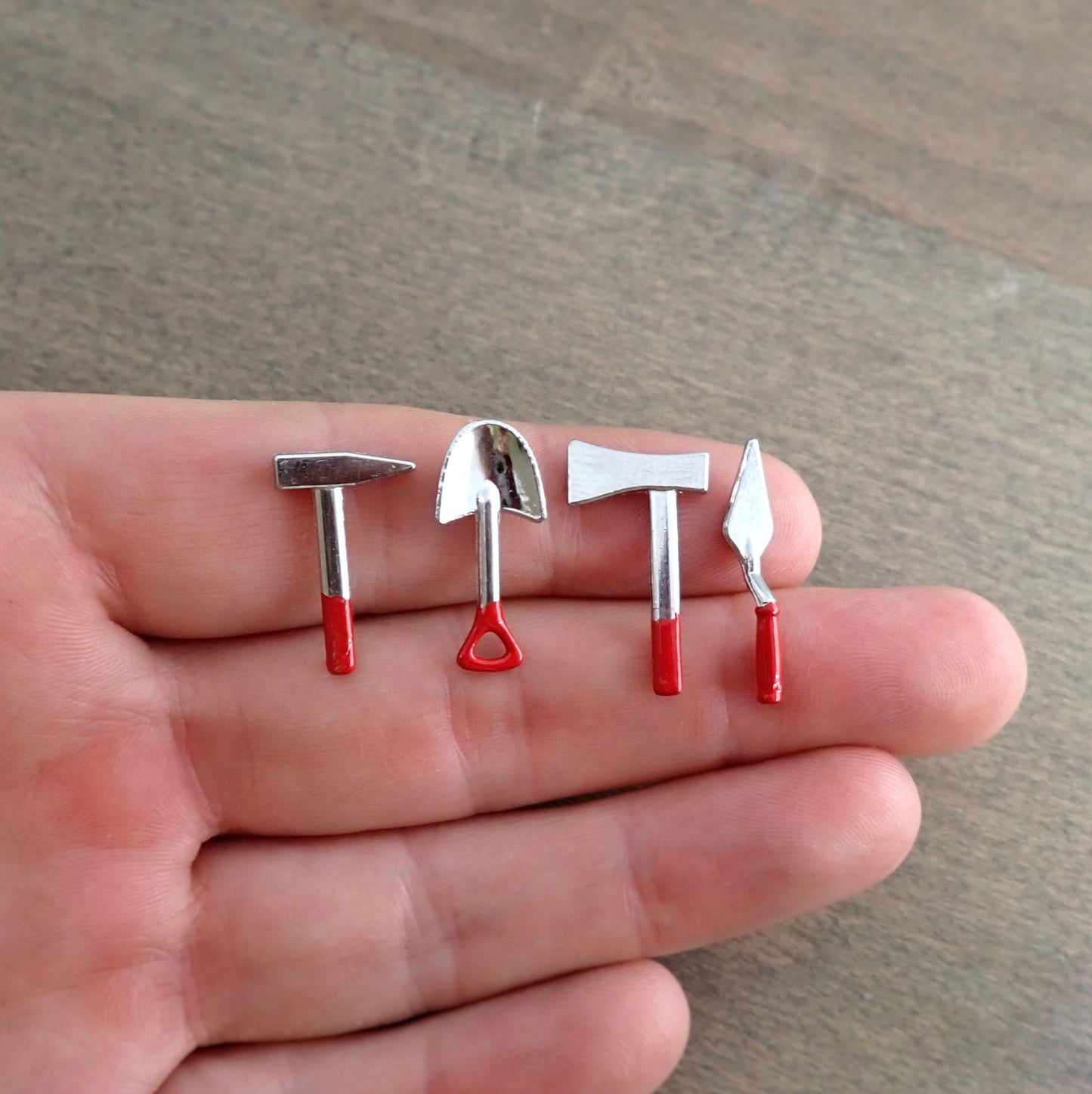 Miniature Tools. Hammer, Spade, Axe and Trowel. 1:12 Scale Dollhouse Accessories