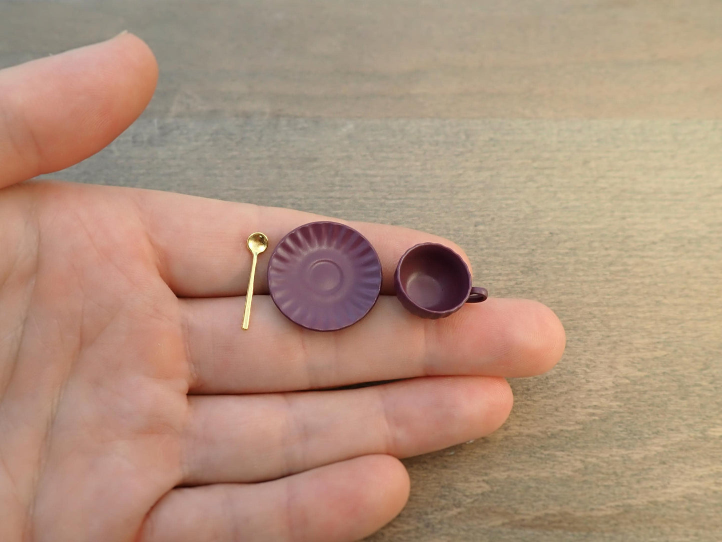 1:6 Scale Coffee Cup, Saucer, Spoon. (Yellow, Blue, Green, Purple or Brown). Realistic Miniature Kitchen Accessories