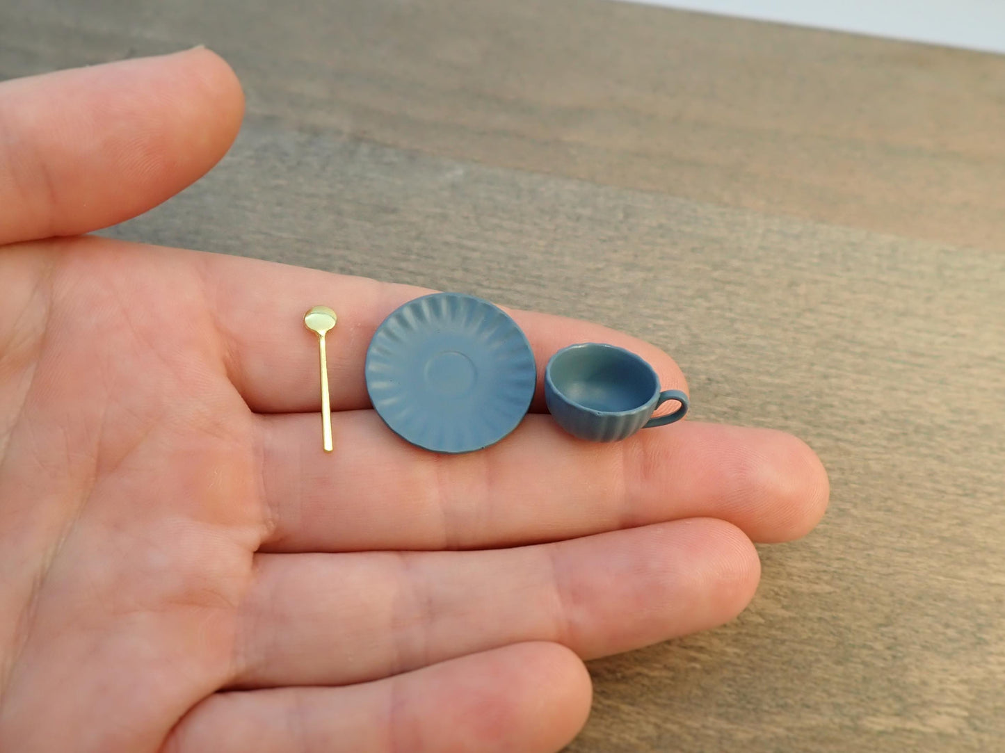 1:6 Scale Coffee Cup, Saucer, Spoon. (Yellow, Blue, Green, Purple or Brown). Realistic Miniature Kitchen Accessories