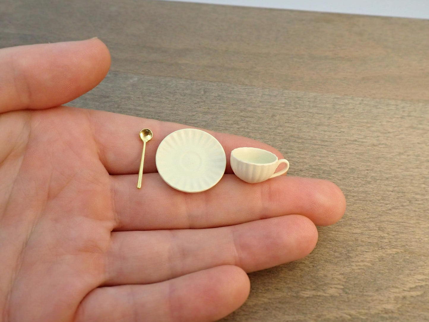 1:6 Scale Coffee Cup, Saucer, Spoon. (Yellow, Blue, Green, Purple or Brown). Realistic Miniature Kitchen Accessories