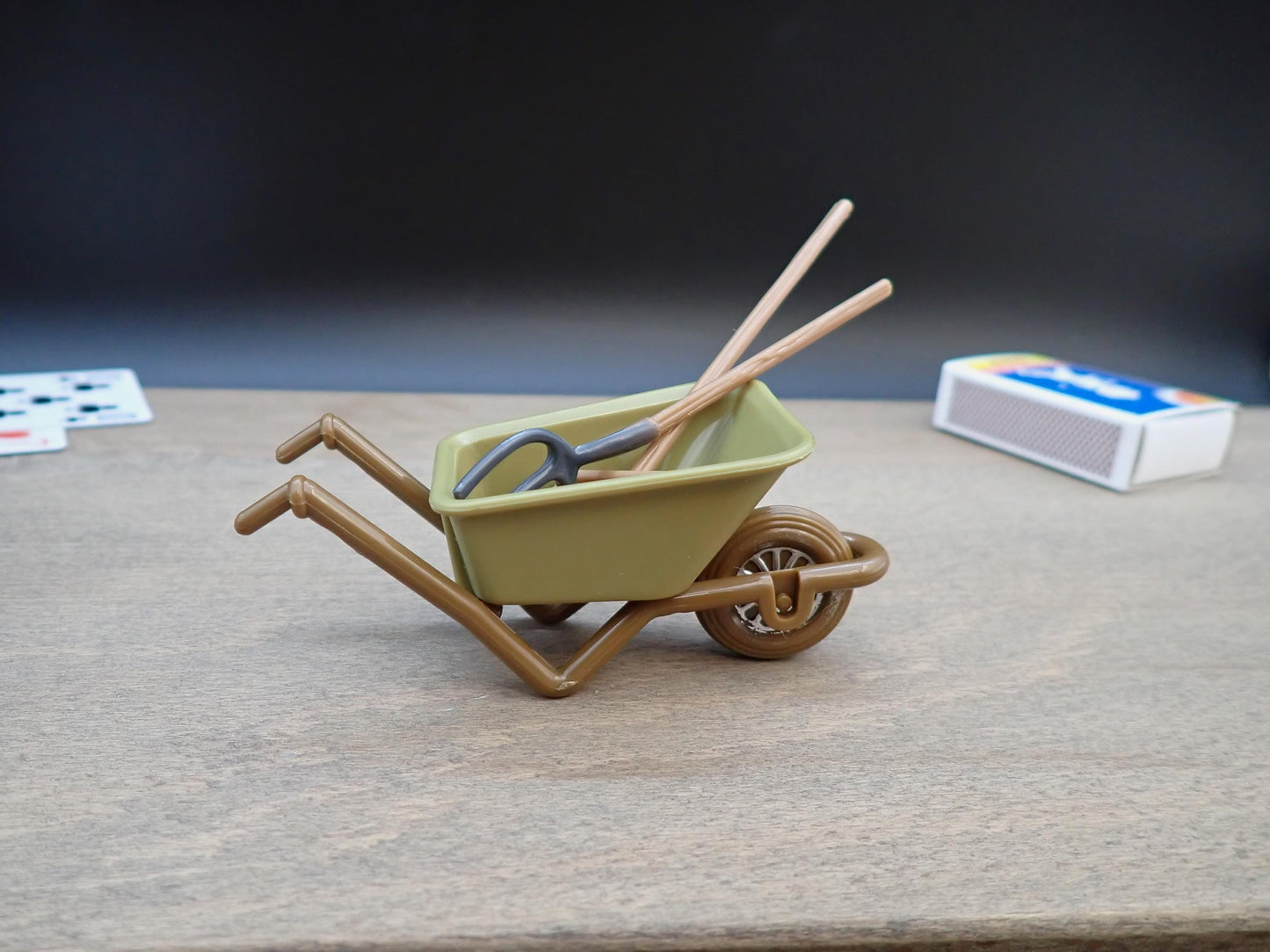 Miniature Wheelbarrow, Brush and Pitchfork. 1:12 Scale Dollhouse Farmyard Accessories