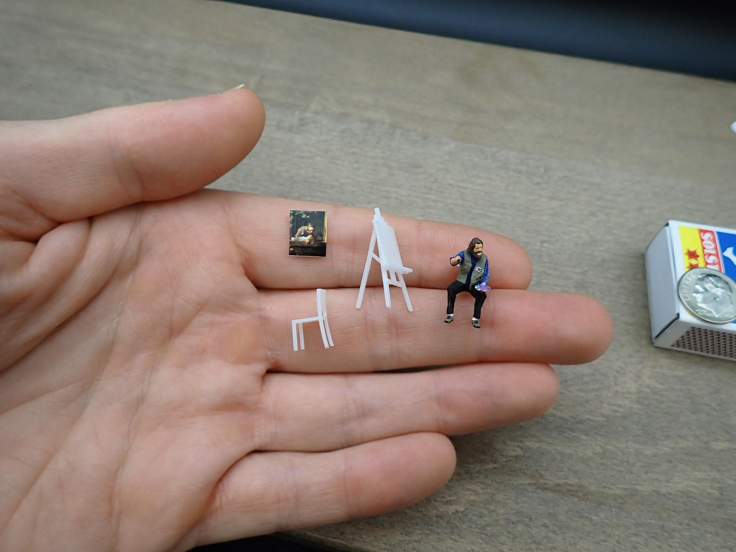 Miniature Artist Painting on Easel 1:64 Scale Detail Close-Up