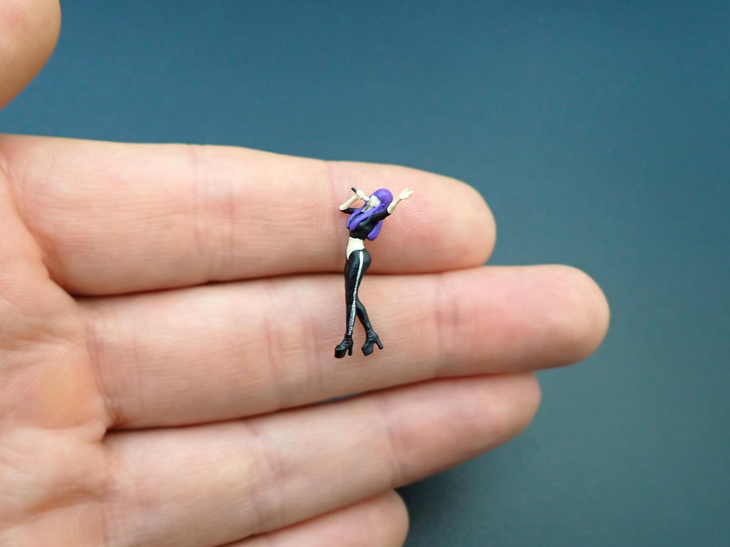 Miniature Singer with Purple Hair and Microphone 1:64 Scale Hand-Painted Art Figure