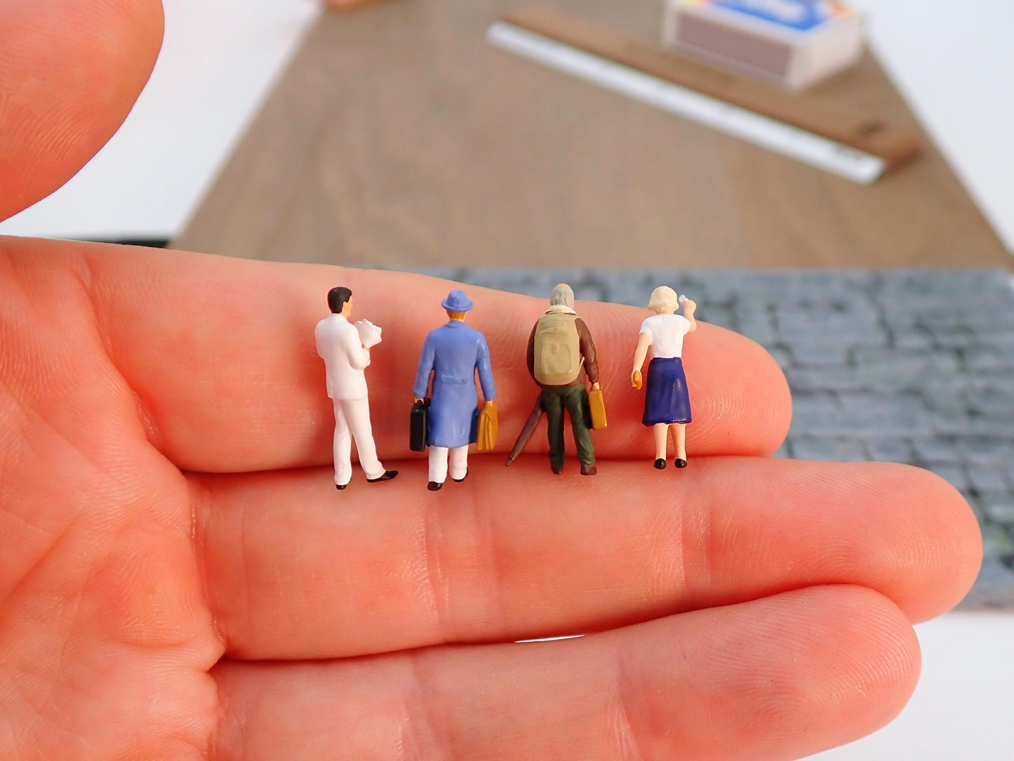 1:87 Scale Miniature Passenger Figures, Set of 4. Train Station Platform People. Model Railroad Scenery. HO, Hand Painted