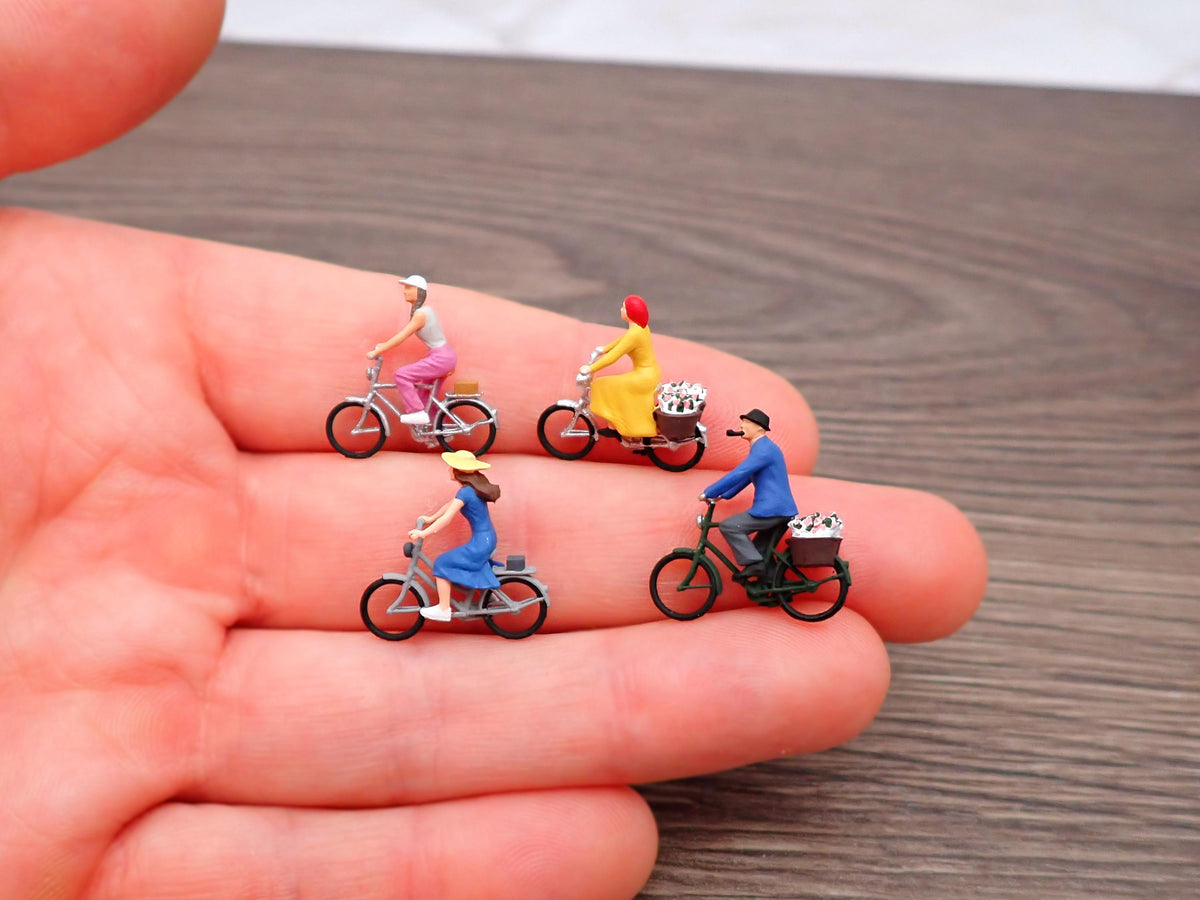 HO Scale Cyclists Set of 4. Hand Painted 1:87 Figures Riding Bicycles. Model Railroad Diorama People