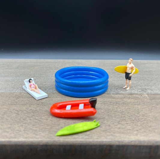 Miniature Beach / Sports Figures. Model. Sunbather, Pool, Boat, Surfboard, Surfer. 1:64 Scale People