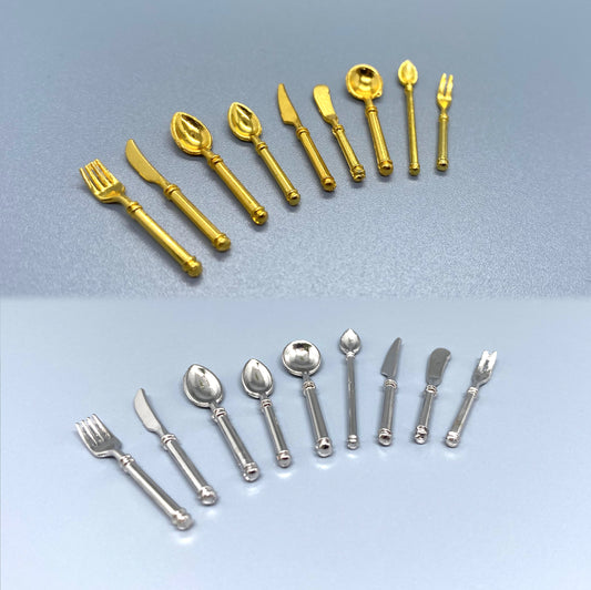 Miniature Cutlery. Silver or Gold. 9 Piece Set. Dollhouse Kitchen Accessories Scale 1:12