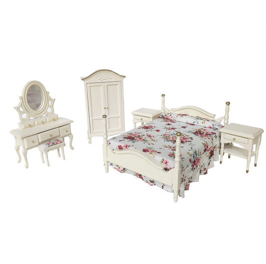 1:12 Scale Miniature 6 piece Floral White Bedroom Set Bed, Side Tables, Wardrobe, Mirror Dresser, Stool, Duvet - Model Dollhouse Furniture