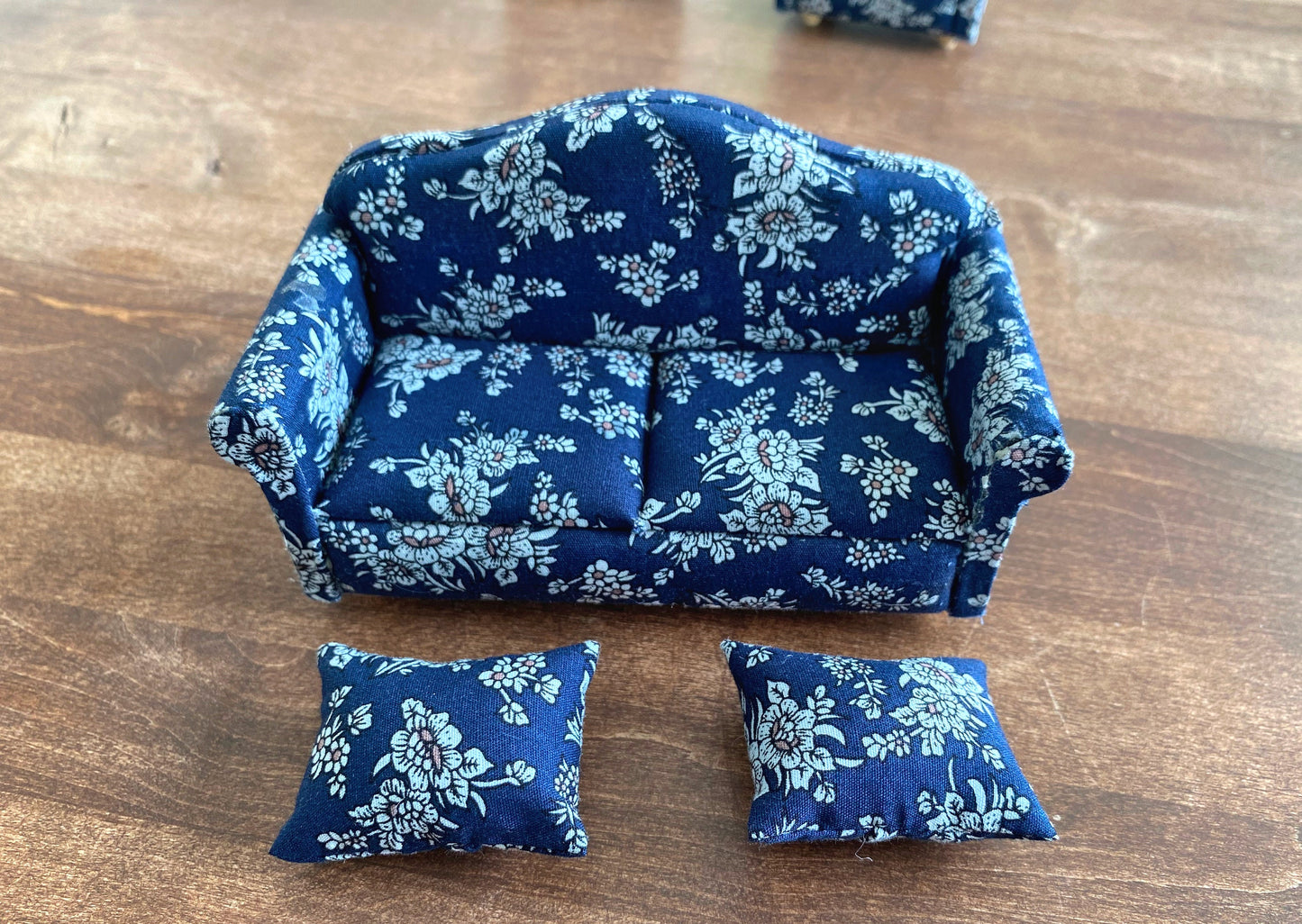 1:12 Scale Miniature 3 piece Vintage Floral Mini Blue Sofa Couch Double Armchair Set Cushion Pillow Lounge Model Dollhouse Furniture