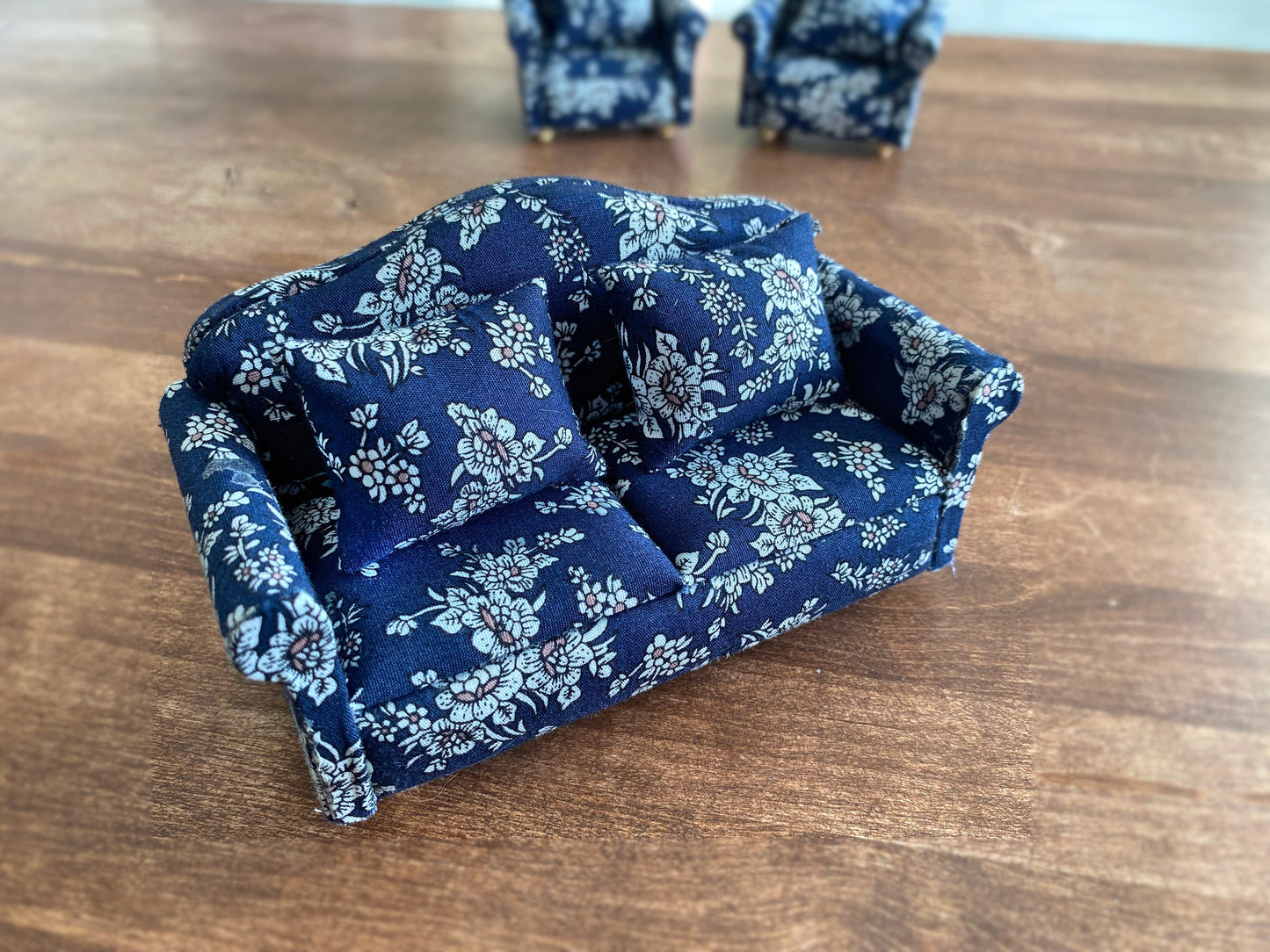 1:12 Scale Miniature 3 piece Vintage Floral Mini Blue Sofa Couch Double Armchair Set Cushion Pillow Lounge Model Dollhouse Furniture