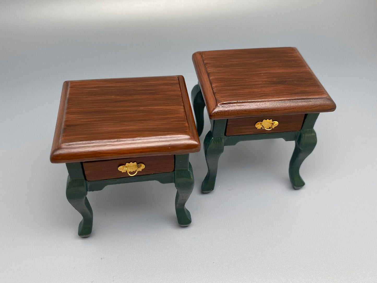 1:12 Scale Miniature Hand Painted Wooden Side Table. Brown and Green Bedside Table Accessory