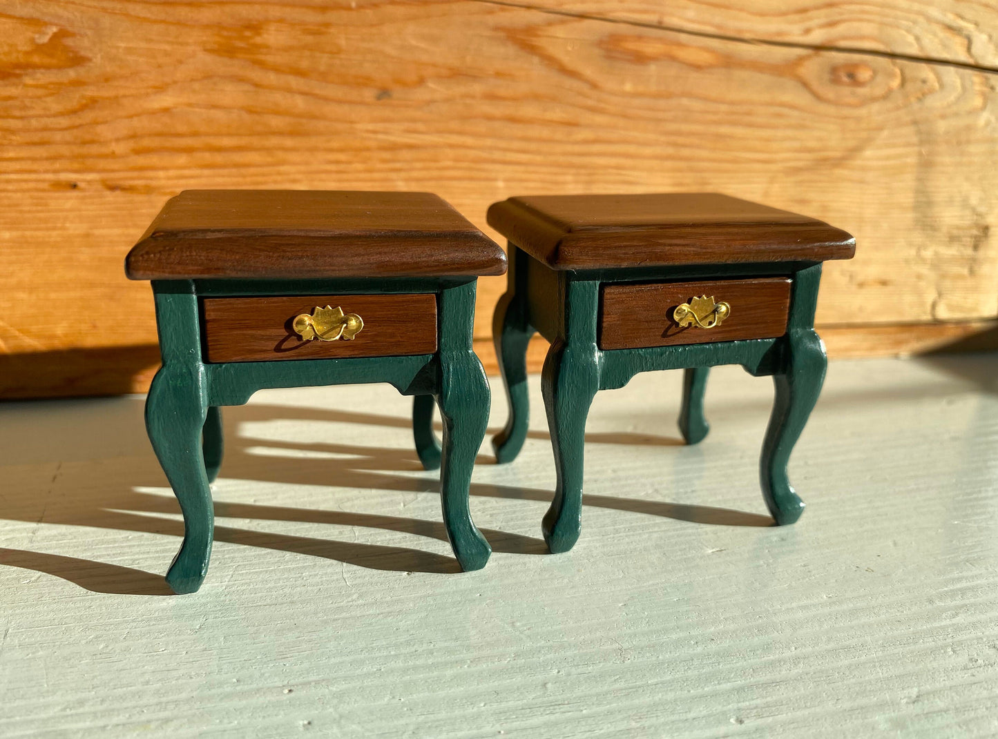 1:12 Scale Miniature Hand Painted Wooden Side Table. Brown and Green Bedside Table Accessory