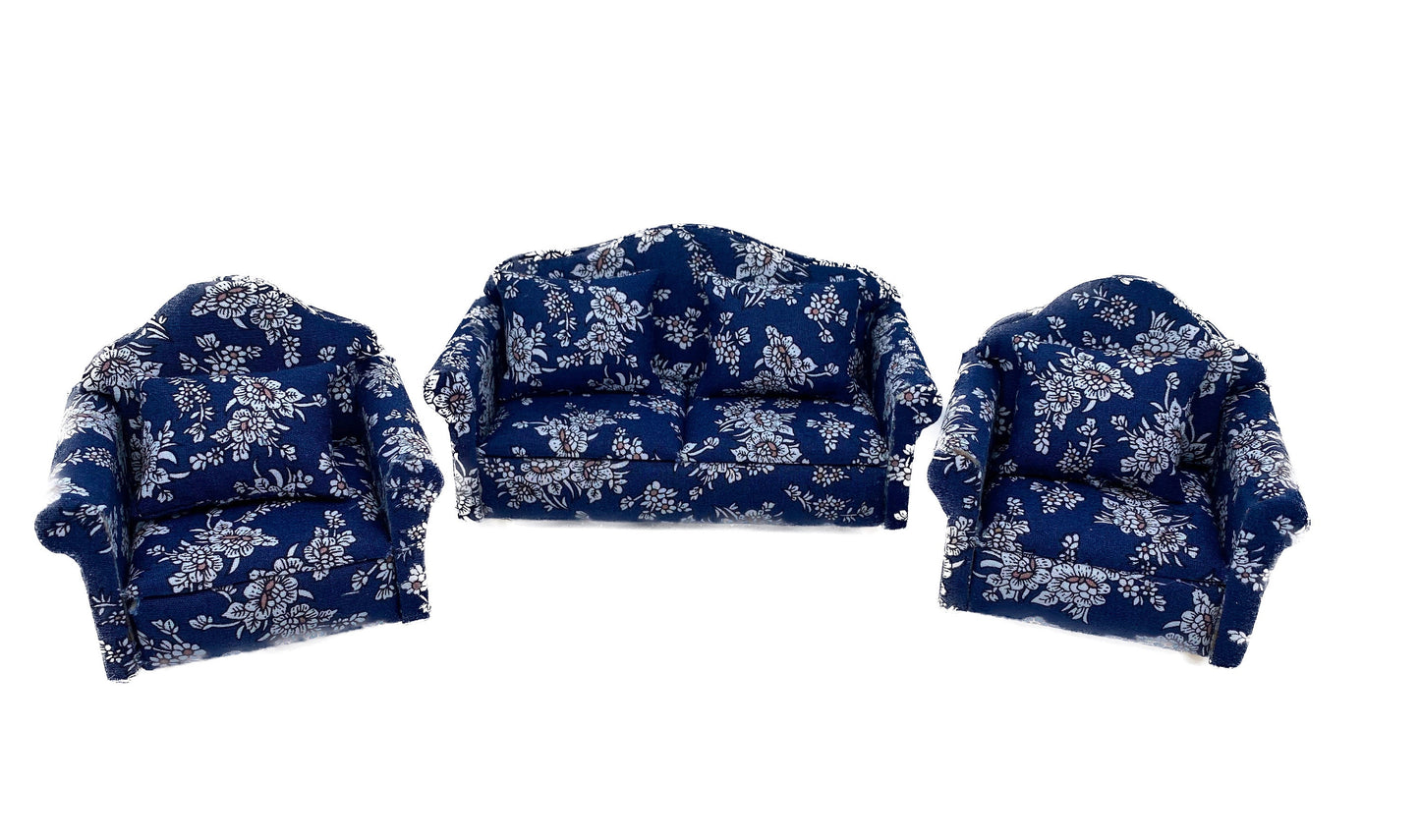1:12 Scale Miniature 3 piece Vintage Floral Mini Blue Sofa Couch Double Armchair Set Cushion Pillow Lounge Model Dollhouse Furniture