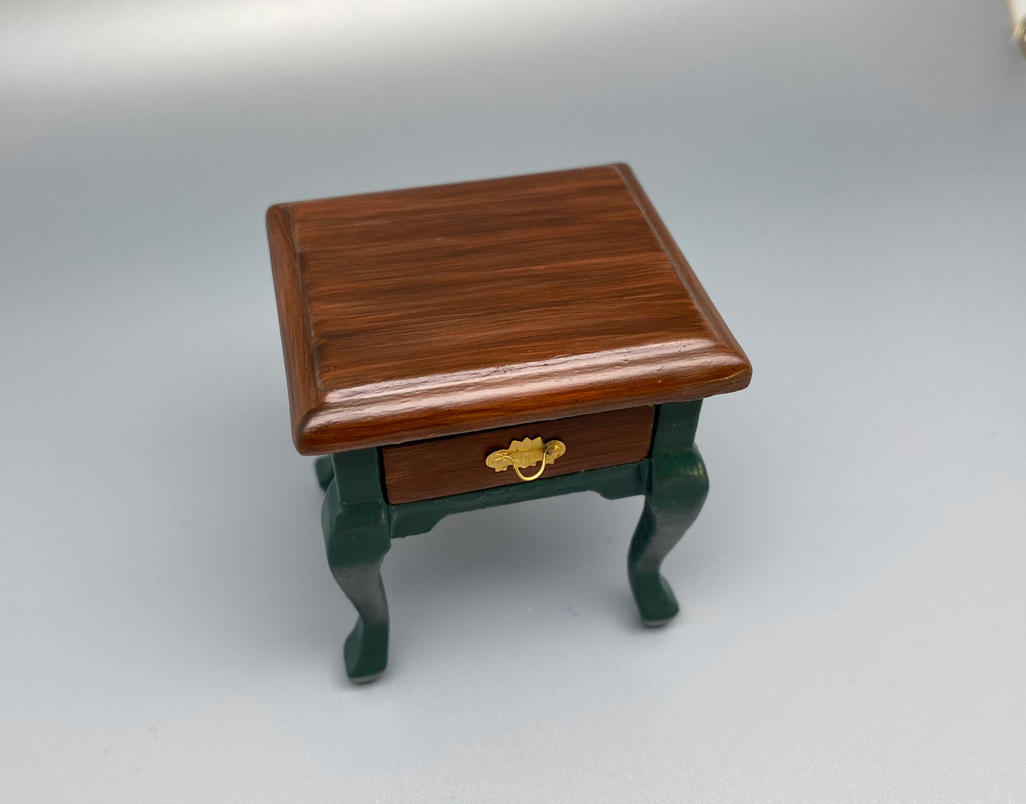 1:12 Scale Miniature Hand Painted Wooden Side Table. Brown and Green Bedside Table Accessory