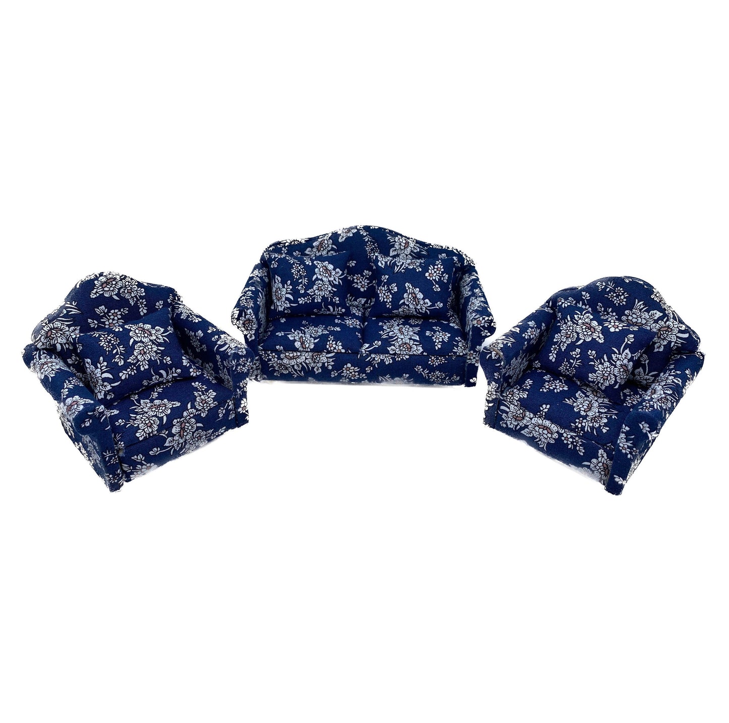 1:12 Scale Miniature 3 piece Vintage Floral Mini Blue Sofa Couch Double Armchair Set Cushion Pillow Lounge Model Dollhouse Furniture