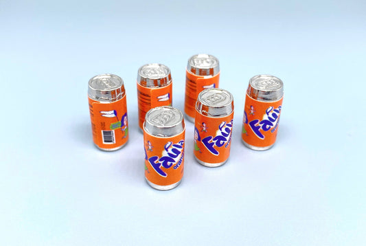 6 Miniature Fanta Style Orange Style Cans. Dollhouse Drink Accessories 1:12 Scale