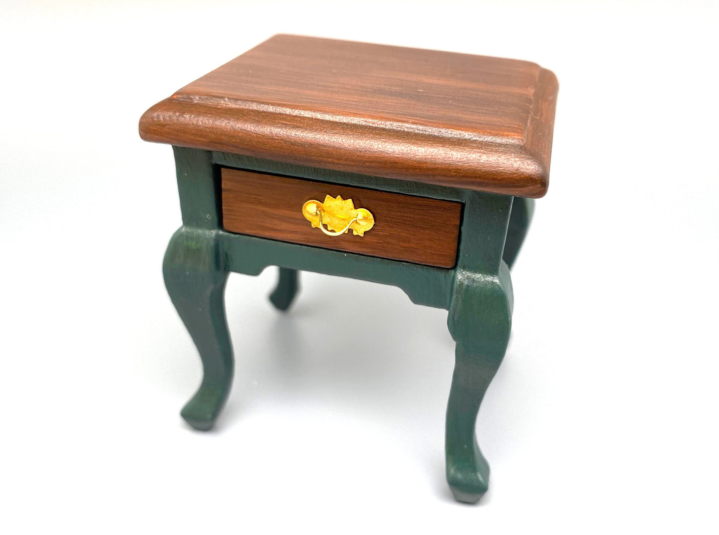 1:12 Scale Miniature Hand Painted Wooden Side Table. Brown and Green Bedside Table Accessory